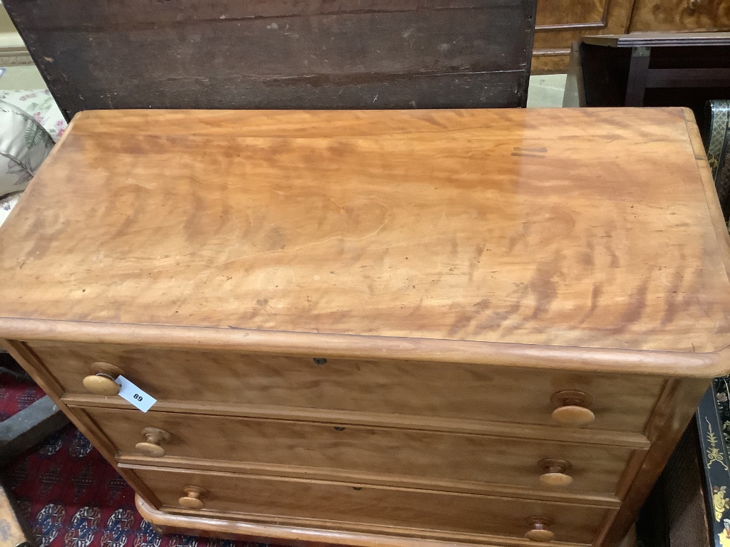 A Victorian satin birch three drawer chest, width 112cm depth 52cm height 90cm